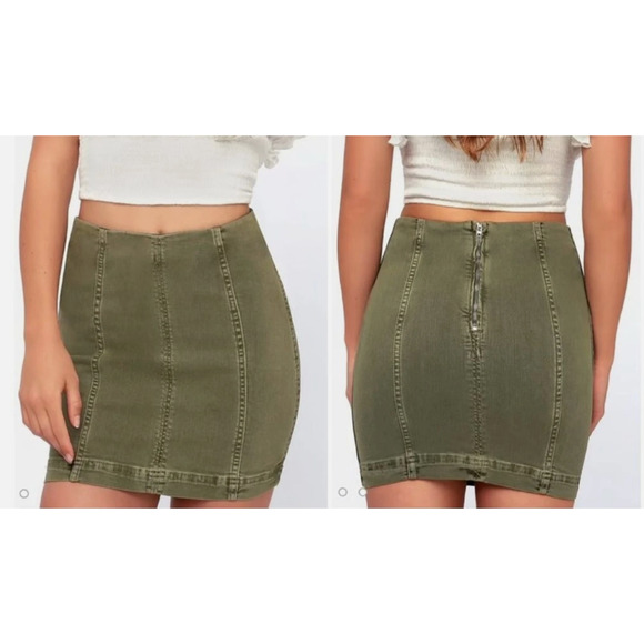 Free People Modern Femme Olive Green Denim Skirt - Size 12 - Picture 3 of 5